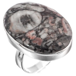 925 Silver Large Crinoid Fossil Sterling Adj Sz 9 Ring, 1 1/4"