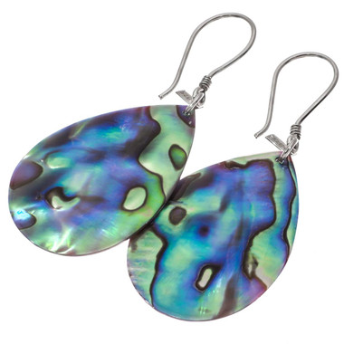 925 Silver Teardrop Genuine Paua Abalone Shell Pear Dangle Drop Earrings, 1 3/8"