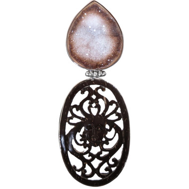 925 Silver Artisan Druzy Drusy Goddess Coconut Shell Sterling Pendant, 3 1/8"