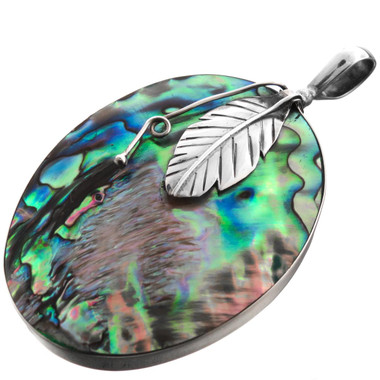 925 Sterling Silver Paua Shell Leaf Sterling Pendant, 2"