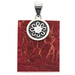 925 Silver Square Genuine Red Coral Bali Sterling Pendant, 1 9/16"