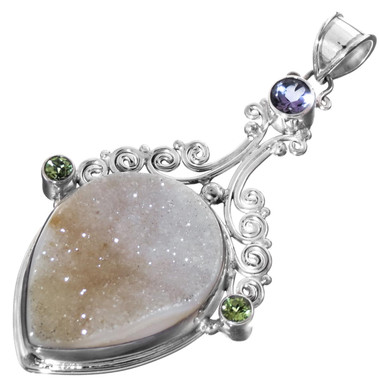 925 Silver Sale! Natural Druzy Drusy Amethyst Gems Pendant, 2 3/16"
