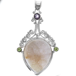 925 Silver Sale! Natural Druzy Drusy Amethyst Gems Pendant, 2 3/16"