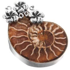 925 Silver Ammonite Fossil Fossil Flowers Pendant, 1 5/8"