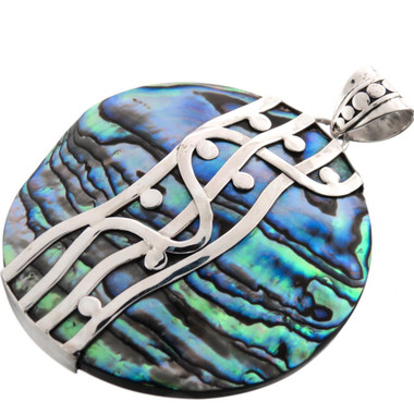 925 Silver Filigree New Zealand Paua Abalone Shell Sterling Pendant, 2 3/8"