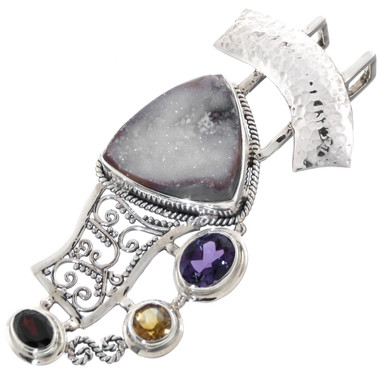 925 Silver Druzy Drusy Mixed Gems Sterling Pendant, 2 11/16"