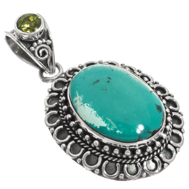 925 Silver Turquoise Peridot Gem Sterling Pendant, 1 3/16"