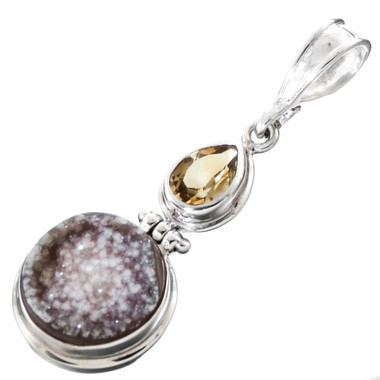 925 Silver Dark Druzy Drusy Citrine Gemstone Sterling Pendant, 1 1/4"