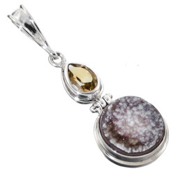 925 Silver Dark Druzy Drusy Citrine Gemstone Sterling Pendant, 1 1/4"