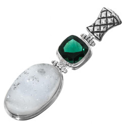 925 Silver Green Quartz Blue Druzy Drusy Pendant, 1 3/4"