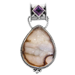 925 Silver Big Teardrop Druzy Drusy Amethyst Pendant, 2 3/16"