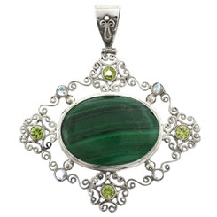 925 Silver Cool Malachite Peridot Moonstone 34gr! Sterling Pendant, 2 15/16"