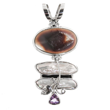 925 Silver Druzy Drusy Biwa Amethyst Sterling Pendant, 2 5/16"