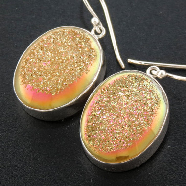 925 Silver Sparkling Peach Gold Titanium Agate Druzy Sterling Earrings, 13/16"