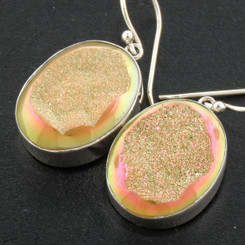 925 Silver Sparkling Peach Gold Titanium Agate Druzy Sterling Earrings, 13/16"