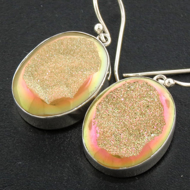925 Silver Sparkling Peach Gold Titanium Agate Druzy Sterling Earrings, 13/16"