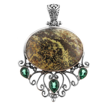 925 Silver Bold 4ct Green Quartz Turquoise Filigree Sterling Pendant, 2 11/16"