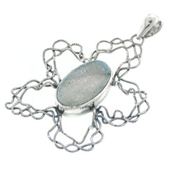 925 Silver Blue Agate Druzy Drusy Sterling Pendant, 2 1/4"