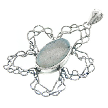 925 Silver Blue Agate Druzy Drusy Sterling Pendant, 2 1/4"