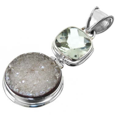 925 Silver Druzy Drusy Green Amethyst Sterling Pendant, 1 3/4"