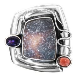 925 Silver Druzy Drusy Red Garnet Amethyst Sterling Pendant, 1 7/16"