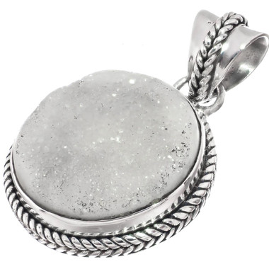 925 Silver Round Sparkling Agate Druzy Drusy Sterling Pendant, 1 3/16"