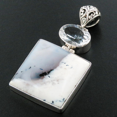 925 Silver Dendrite Natural Opal White Quartz Pendant, 2 5/8"