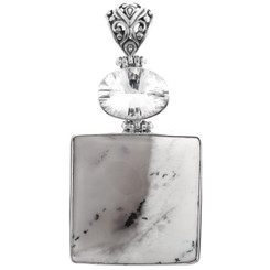925 Silver Dendrite Natural Opal White Quartz Pendant, 2 5/8"