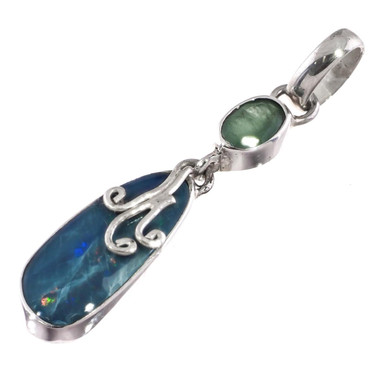 925 Silver Design Natural Australian Opal Emerald Sterling Pendant,1 1/2"