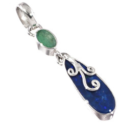 925 Silver Design Natural Australian Opal Emerald Sterling Pendant,1 1/2"