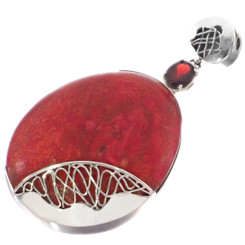 925 Silver Big Red Coral Garnet Sterling Pendant, 3"