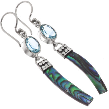 925 Silver Shimmering Blue Topaz Paua Abalone Shell Drop Earrings, 1 7/8"