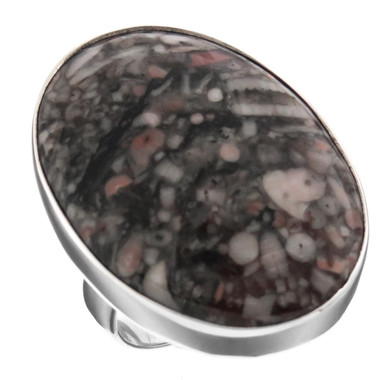925 Silver Large Crinoid Fossil Sterling Adj Sz 6 Ring, 1 1/4"
