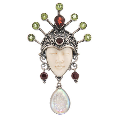 925 Silver Opal Titanium Druzy Goddess Garnet Peridot Pendant, 3"