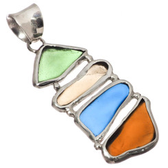 925 Silver Multi Blue Green Brown Sea Beach Glass Sterling Pendant, 2"
