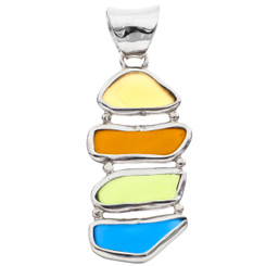 925 Silver Multi Blue Green Brown Sea Beach Glass Sterling Pendant, 1 3/4"