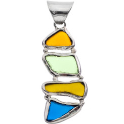 925 Silver Multi Blue Green Brown Sea Beach Glass Sterling Pendant, 1 7/8"