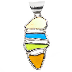 925 Silver Multi Blue Green Brown Sea Beach Glass Sterling Pendant, 1 3/4"