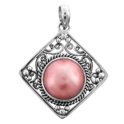 925 Sterling Silver Pink Mabe Sterling Pendant, 1 3/4"
