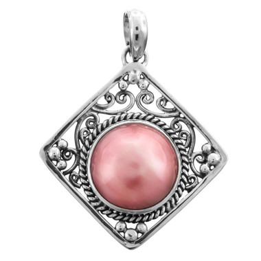 925 Sterling Silver Pink Mabe Sterling Pendant, 1 3/4"