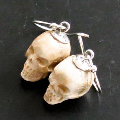 925 Silver Handcarved Skull Mammoth Bone Fossil Sterling Earrings, 5/8"