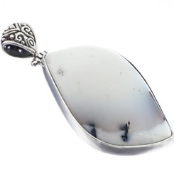 925 Silver Natural White Dendrite Opal Sterling Pendant, 2 1/8"