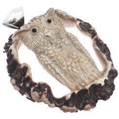 925 Silver Hand Carving Owl Real Deer Burr Antler Sterling Pendant, 2 1/2"