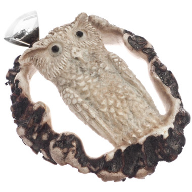 925 Silver Hand Carving Owl Real Deer Burr Antler Sterling Pendant, 2 1/2"