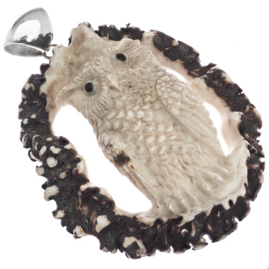 925 Silver Hand Carving Owl Real Deer Burr Antler Sterling Pendant, 2 3/4"