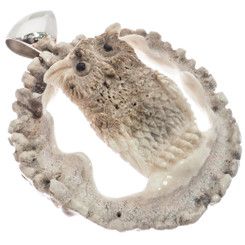 925 Silver Hand Carving Owl Real Deer Burr Antler Sterling Pendant, 2 3/4"