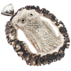 925 Silver Hand Carving Owl Real Deer Burr Antler Sterling Pendant, 2 3/4"