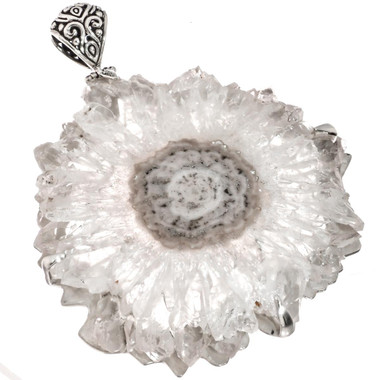 925 Silver Rare Magnficent Large Quartz Geode Crystal Slice Pendant, 3 3/8"