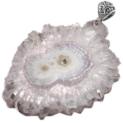 925 Silver Rare Magnficent Large Quartz Geode Crystal Slice Pendant, 3 3/4"