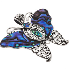 925 Silver Bali Handmade Paua Abalone Shell Butterfly Sterling Pendant, 2 1/8"